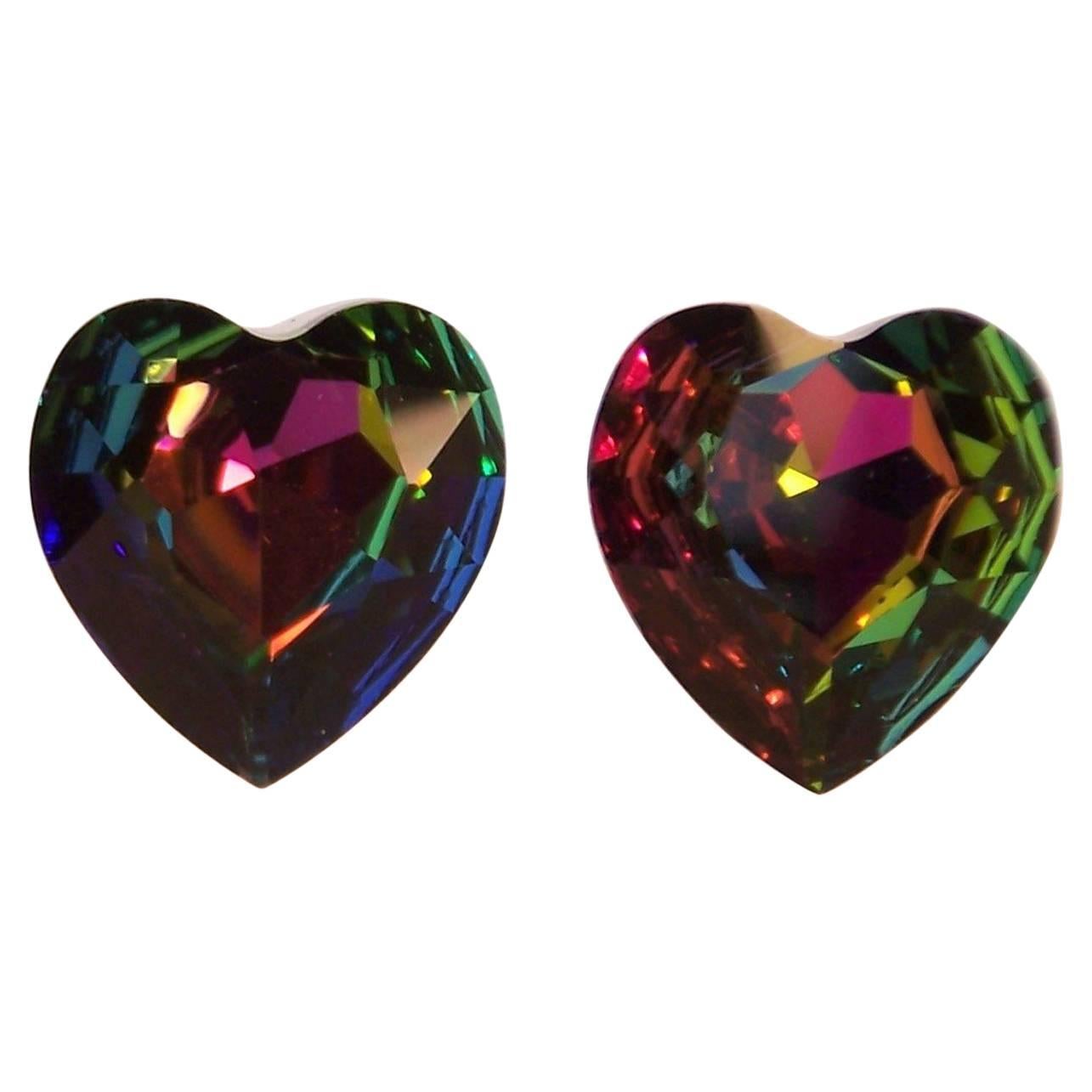 1980's Aurora Borealis Crystal Heart Shaped Clip On Earrings