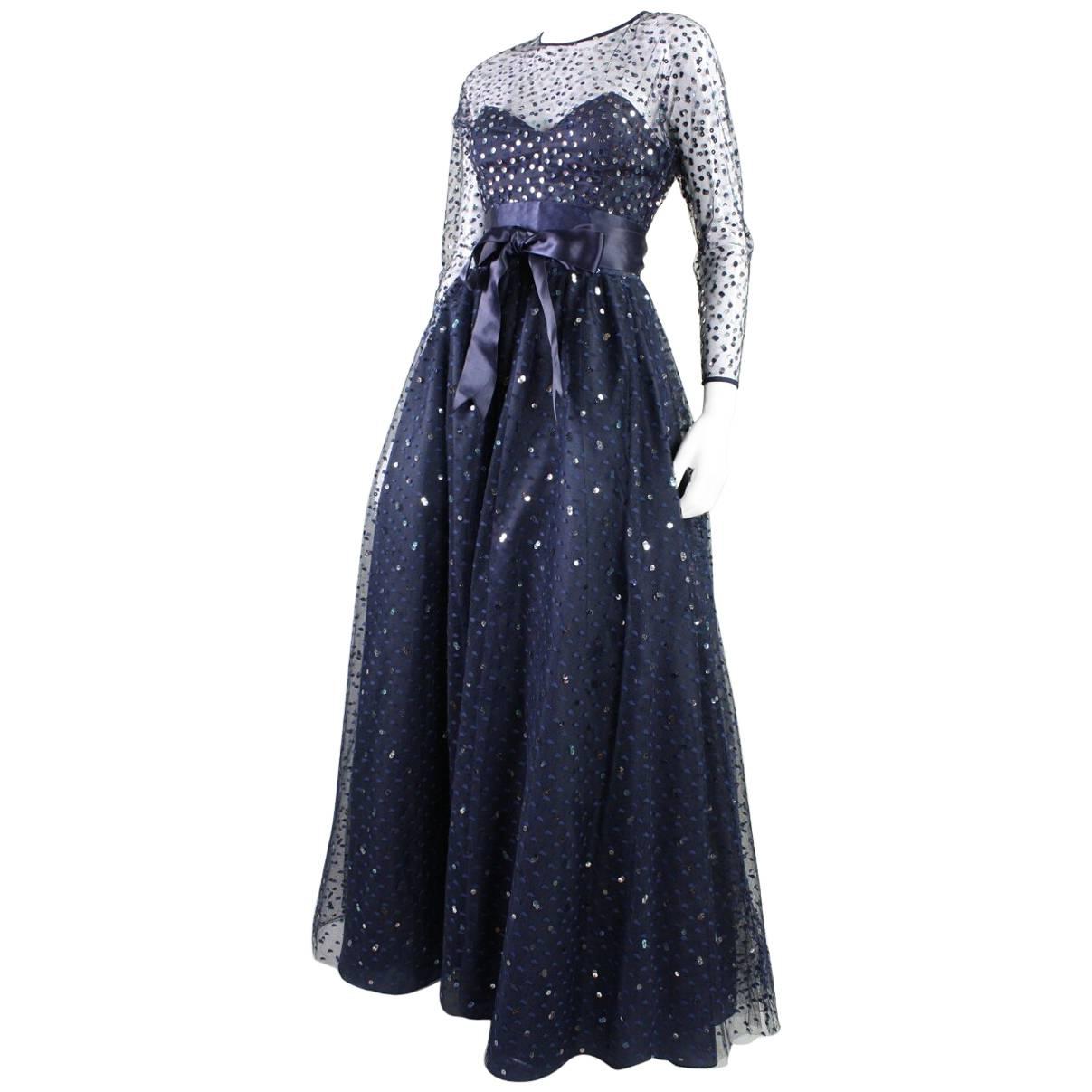 1980's Victor Costa Navy Tulle Ballgown For Sale