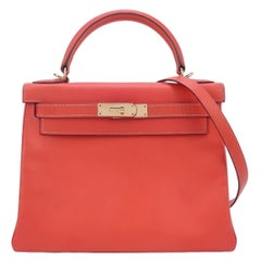 Hermes Kelly 28 Retourne Cuir de veau Rose Extérieur Brown Intérieur Or Dur