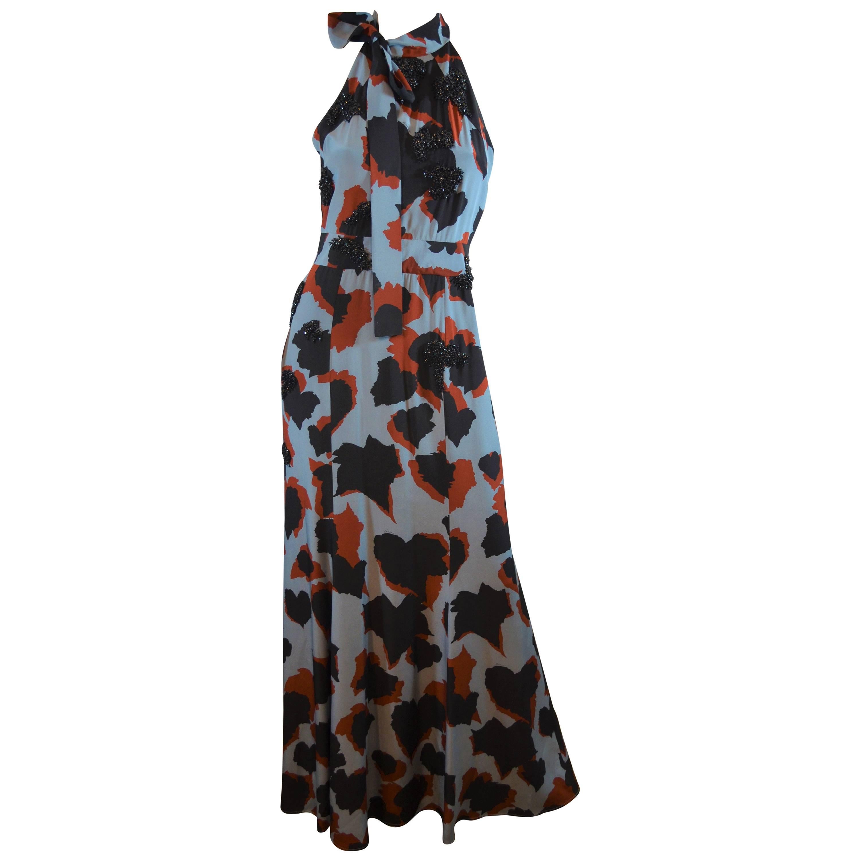 Gucci 2015 Silk Print and Bead Embellished Tie Neck Gown