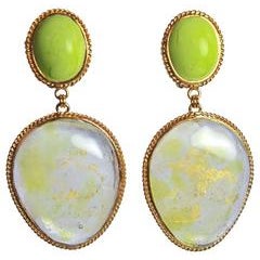 Chartreuse Pate de Verre Poured Glass Double Drop Clip Earrings 10