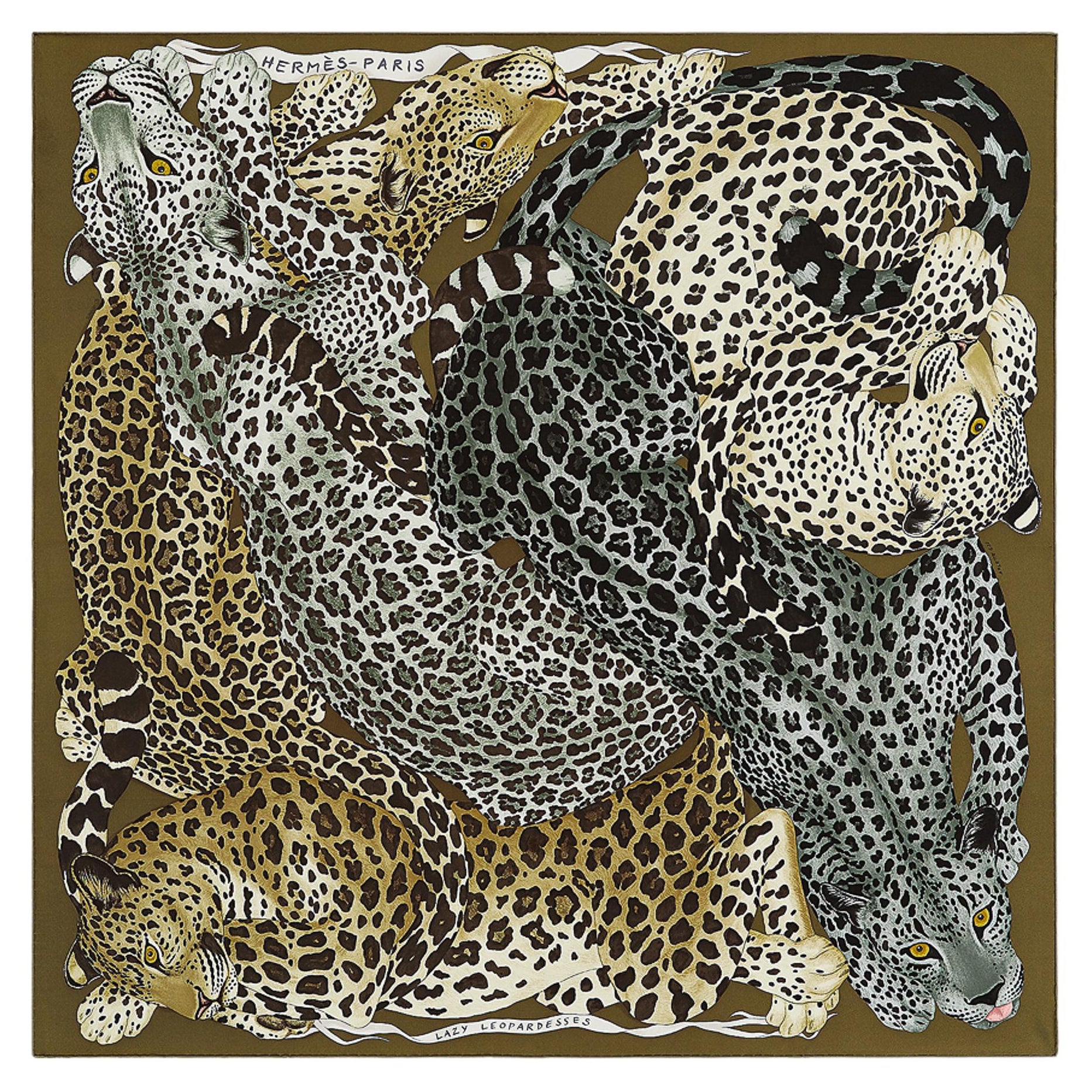 Hermes Lazy Leopardesses Kaki Fonce Anthrazit Beige Seidenschal 90 im Angebot