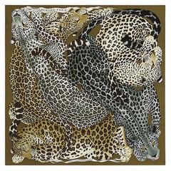 Pañuelo de seda Hermes Lazy Leopardesses Kaki Fonce Antracita Beige 90