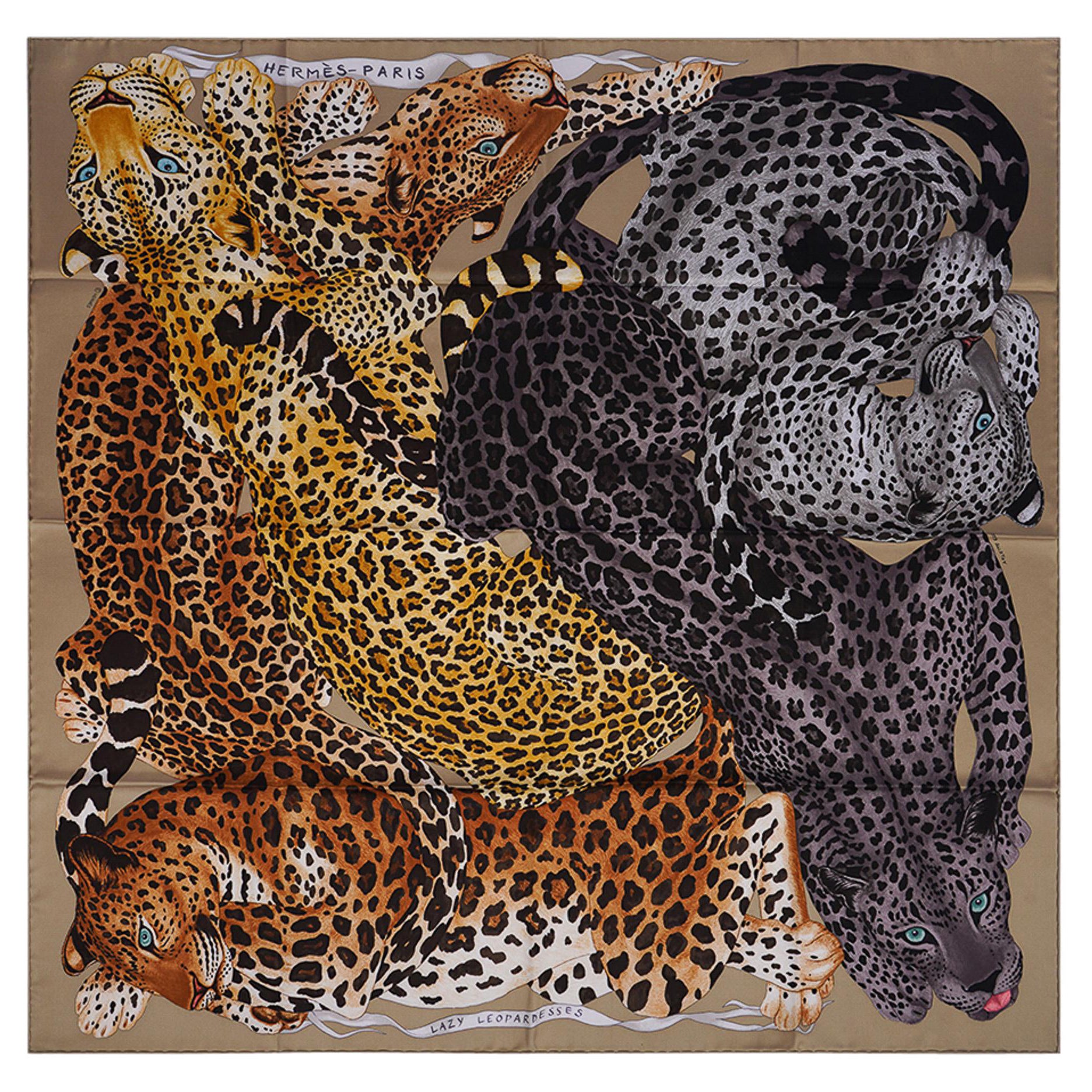 Hermes Lazy Leopardesses Camel Anthracite Fauve Silk Scarf  90
