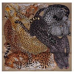 Hermes Lazy Leopardesses Camel Anthracite Fauve Silk Scarf  90