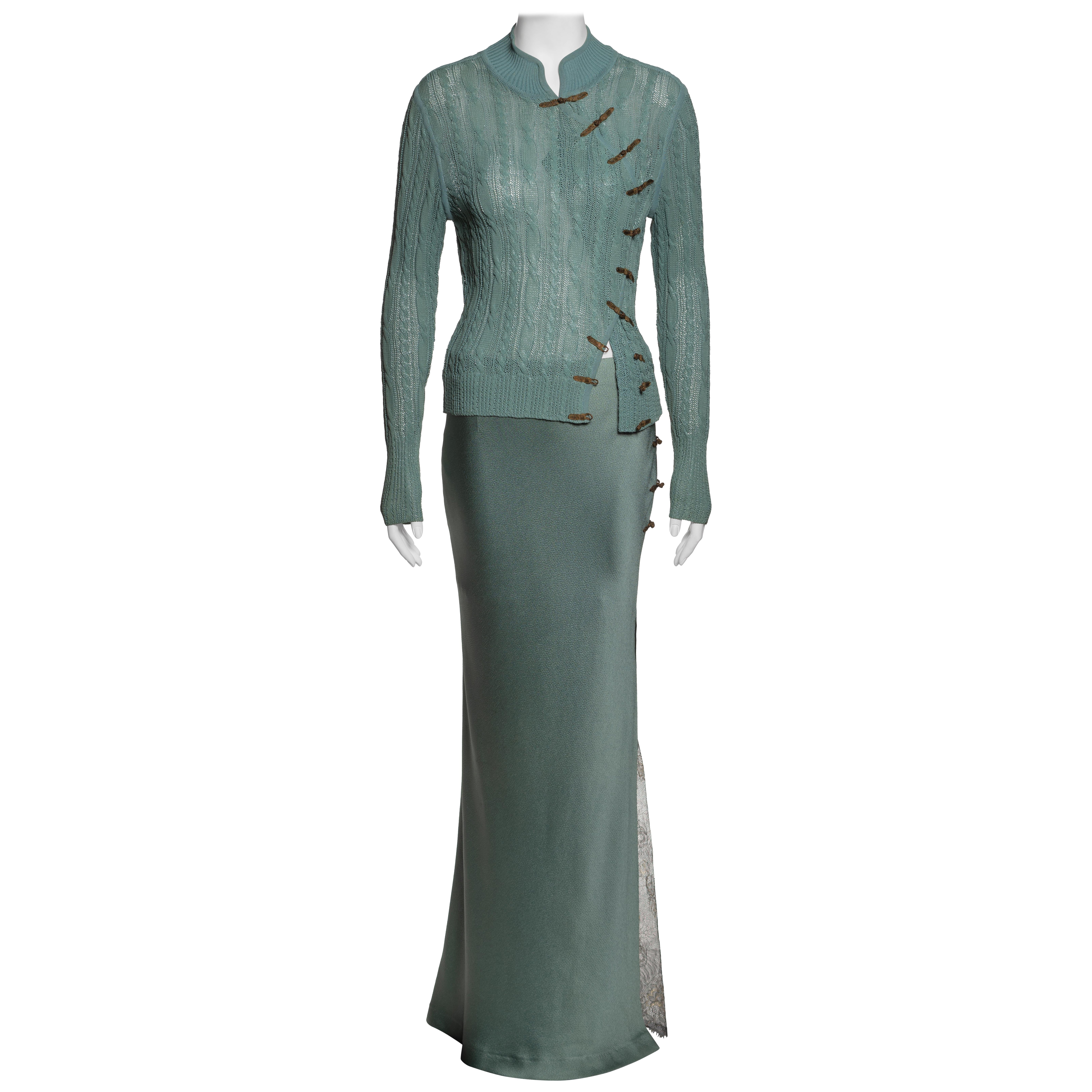 Christian Dior by John Galliano Green Knit and Satin Evening Ensemble, SS 1999 For Sale