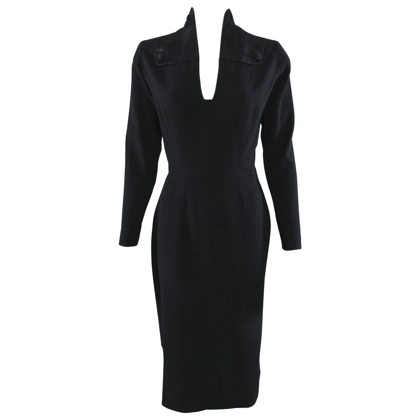 Pierre Balmain Haute Couture Black Wool Dress, 1950s  For Sale