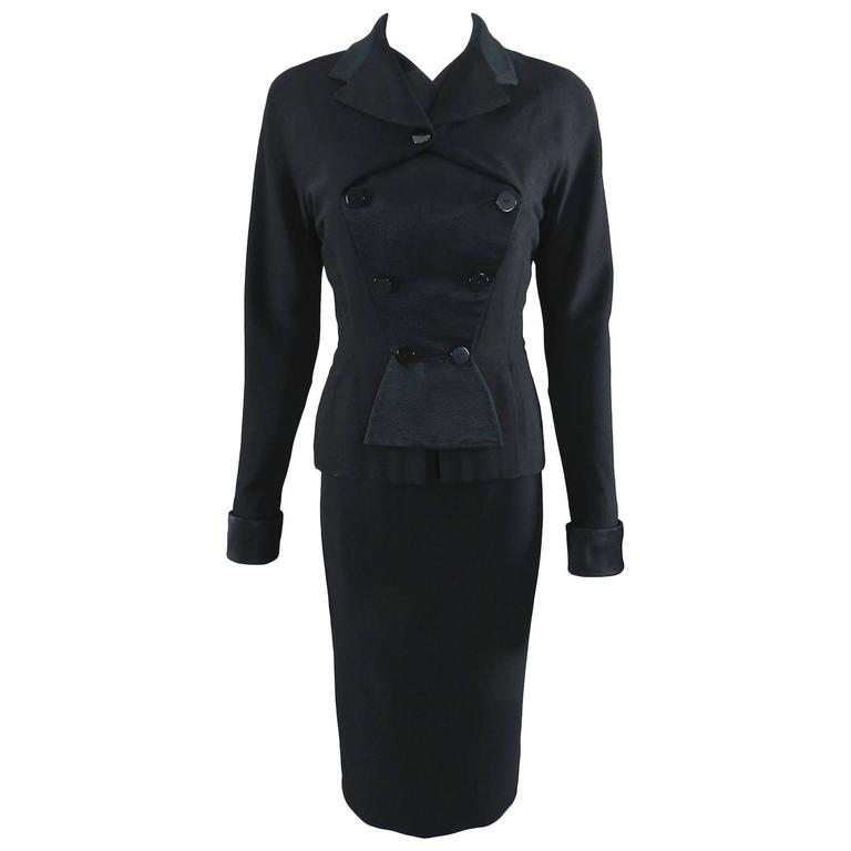 Pre-owned Pierre Balmain Black Silk Satin And Wool Skirt Suit, 1950s