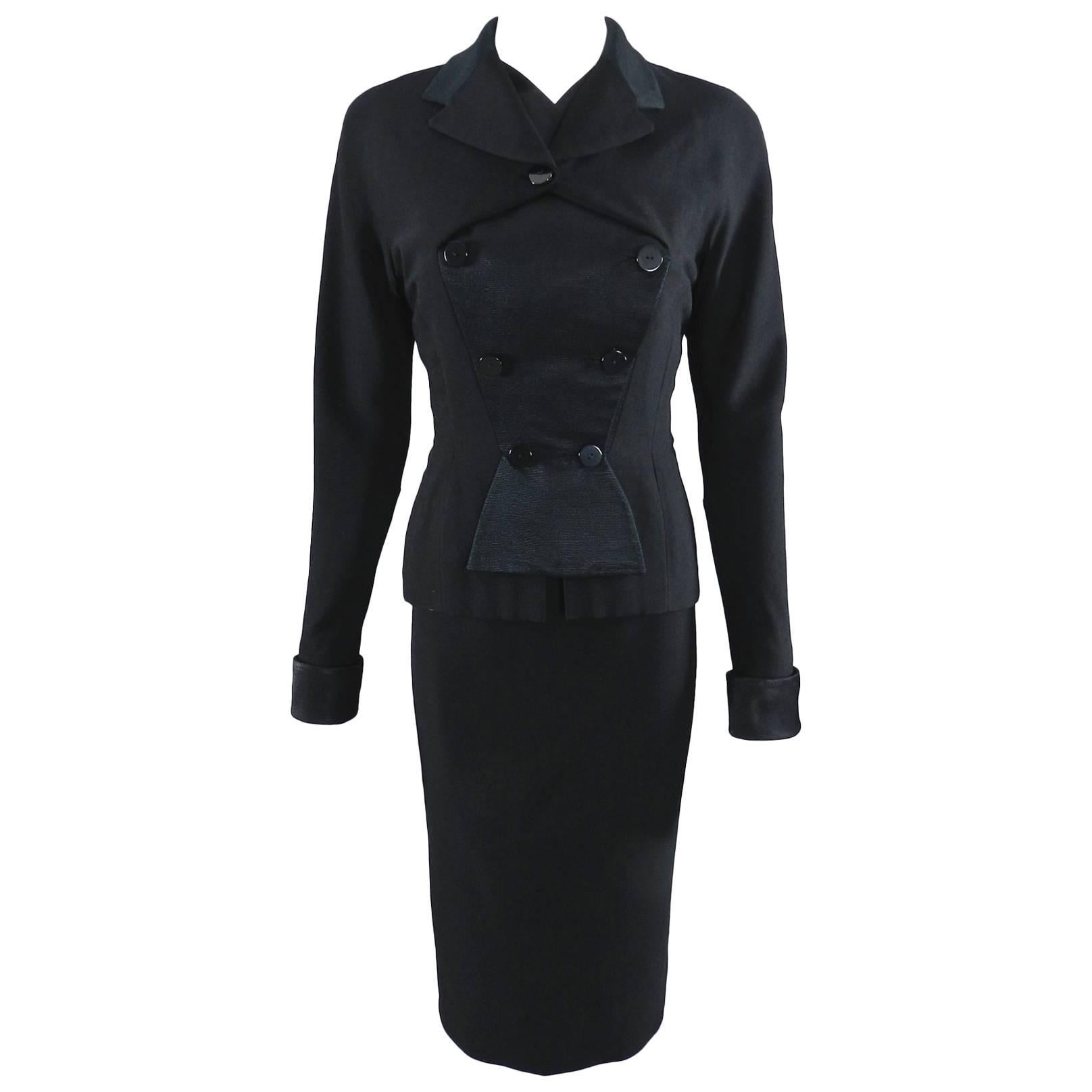 Pierre Balmain Black Silk Satin and Wool Skirt Suit, 1950s  For Sale