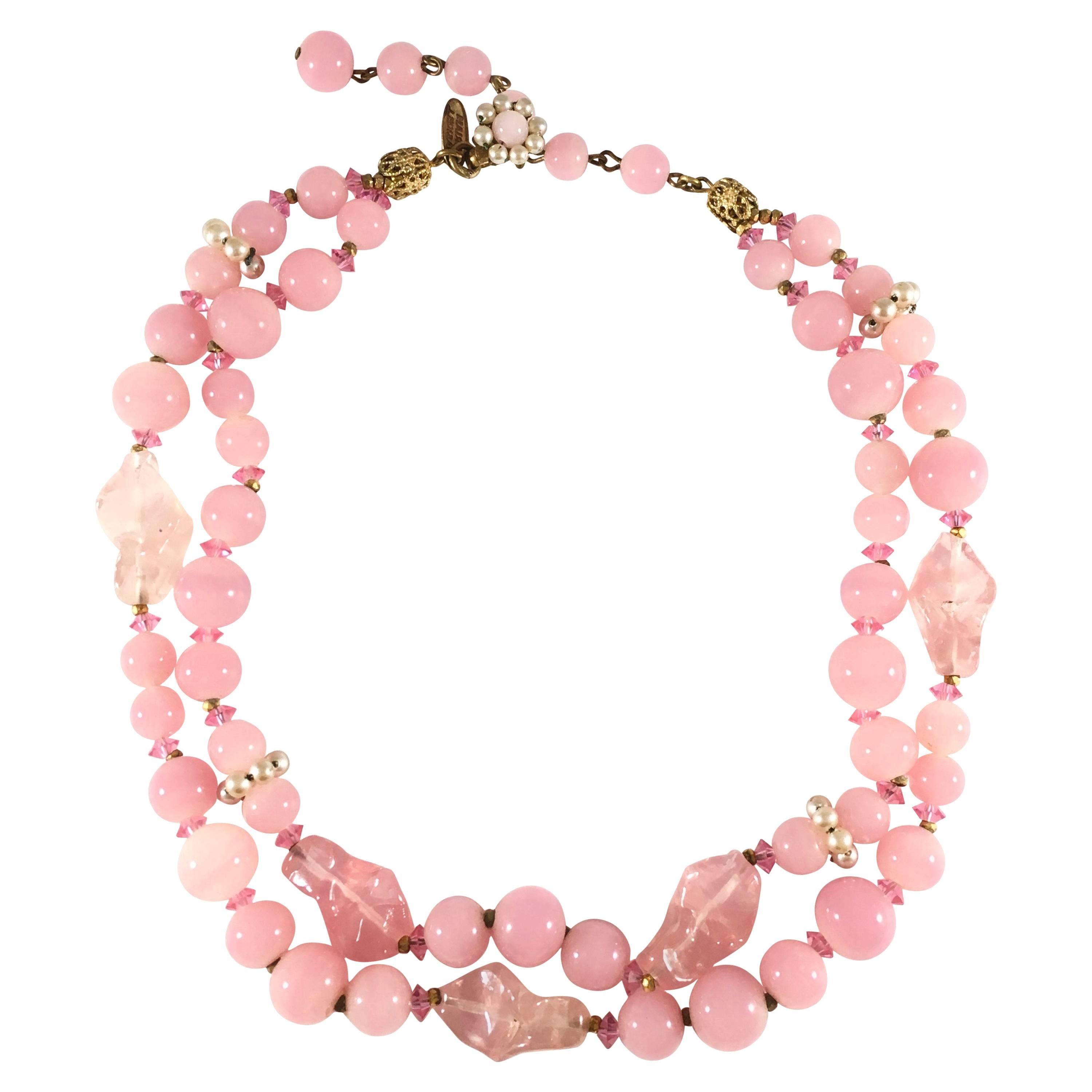 1950s Miriam Haskell Pink Glass Choker Necklace