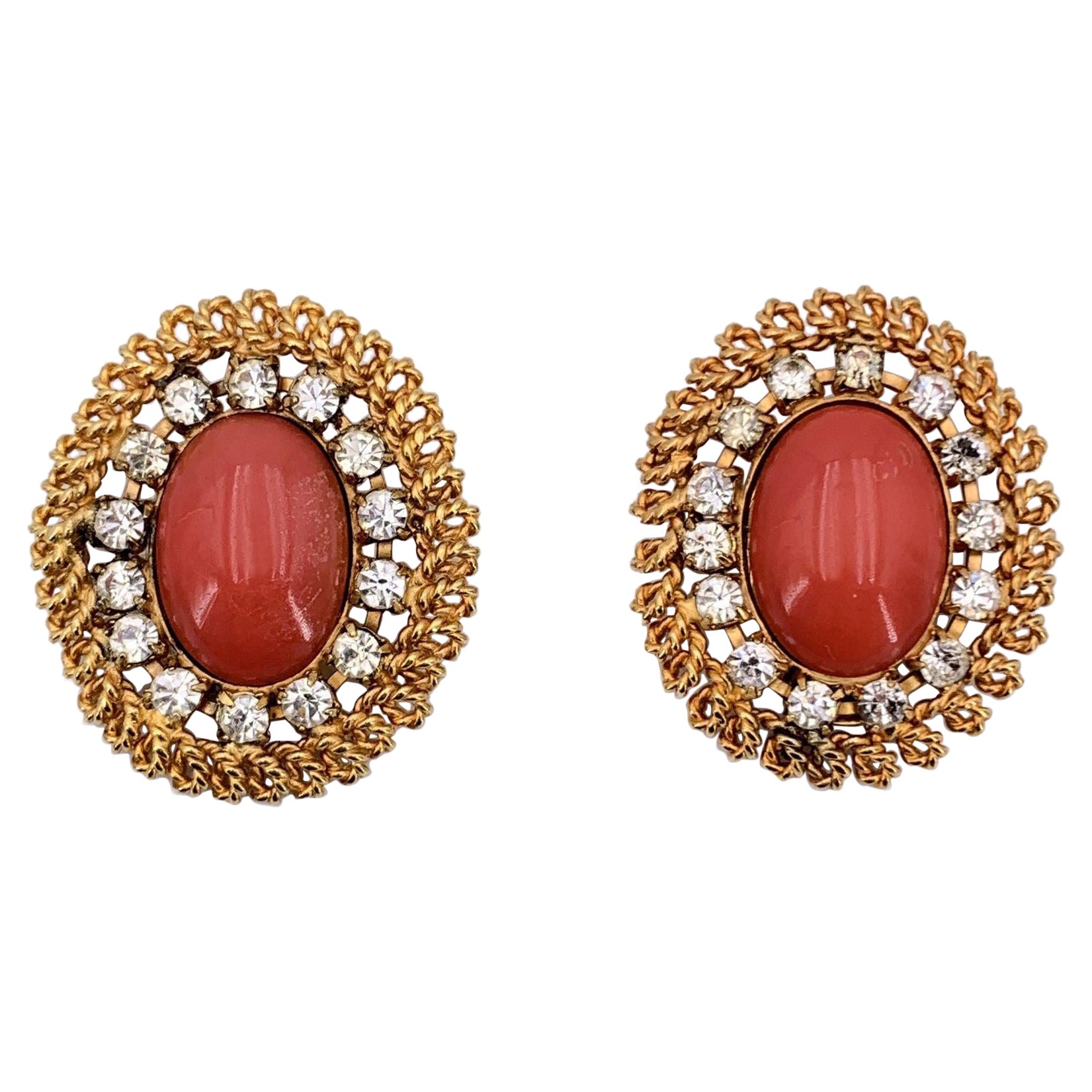 Gianfranco Ferre Vintage Gold Metal Oval Cabochon Clip On Earrings For Sale
