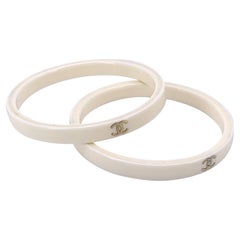Chanel Vintage Set of 2 White Resin CC Logo Cuff Bangle Bracelet