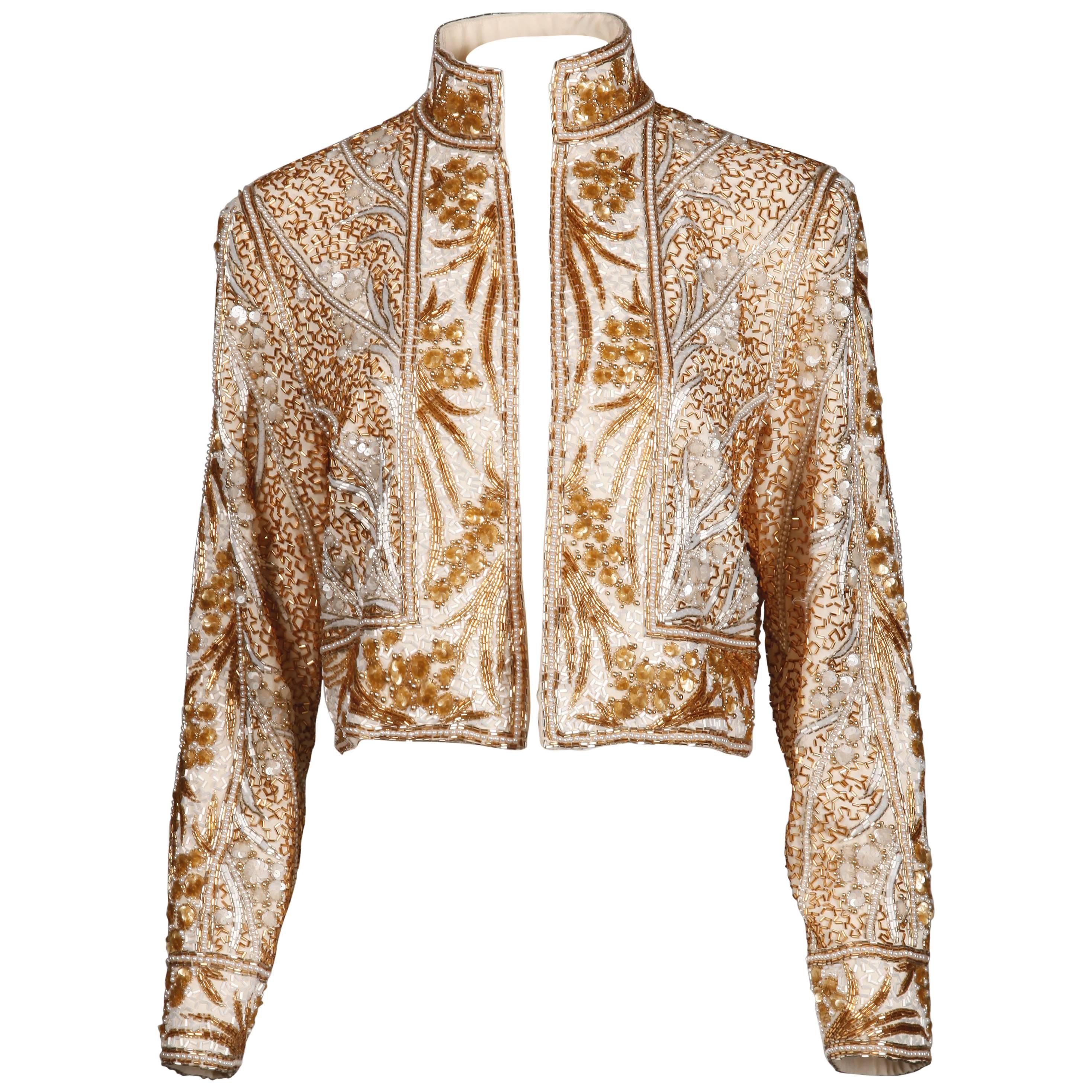 Bob Mackie Vintage Metallic Gold + White Sequin + Beaded Trophy Jacket