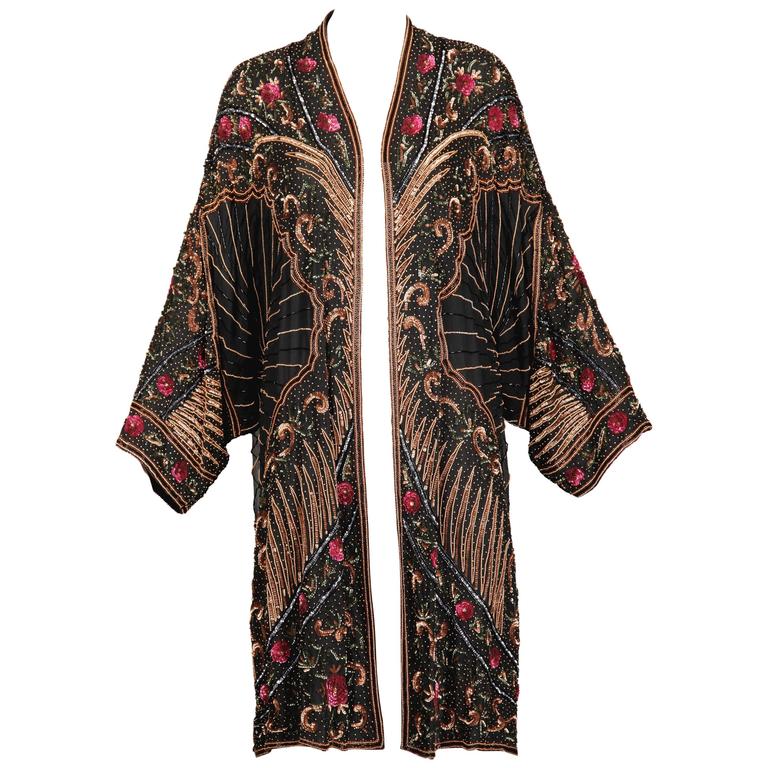 Judith Ann Vintage Sequin + Beaded Silk Kimono Jacket or Duster at 1stDibs  | beaded kimono jacket, sequin duster kimono, vintage sequin kimono