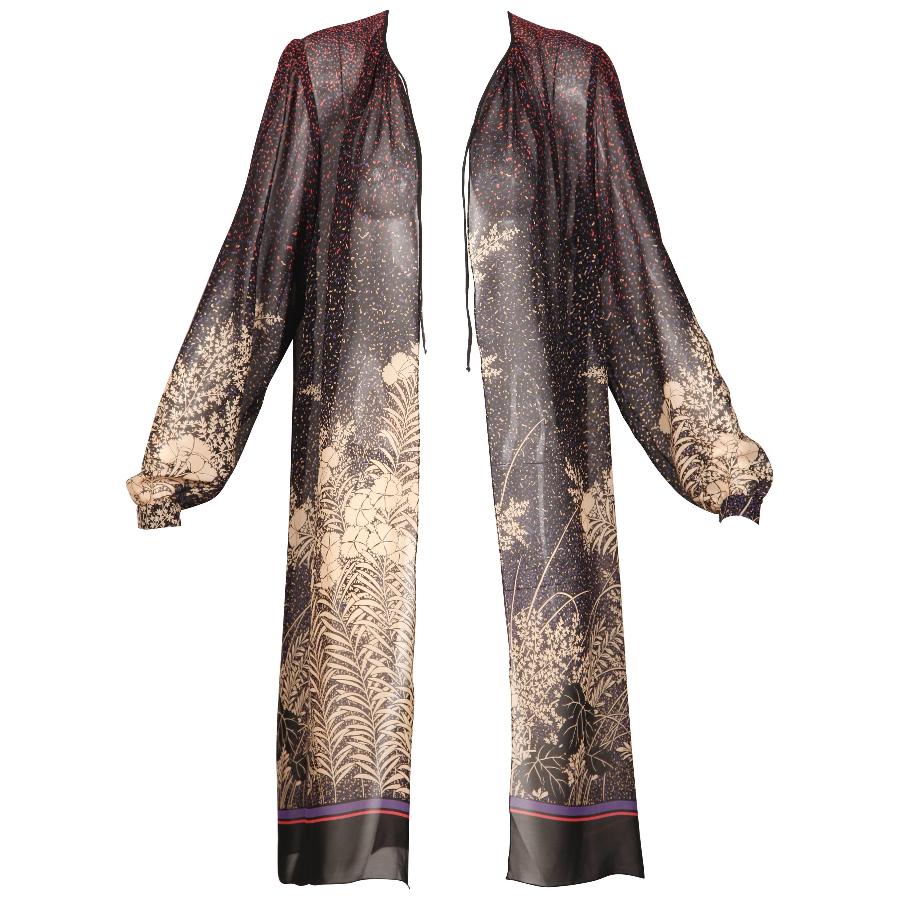 Hanae Mori 1970s Vintage Sheer Floral Print Duster Jacket