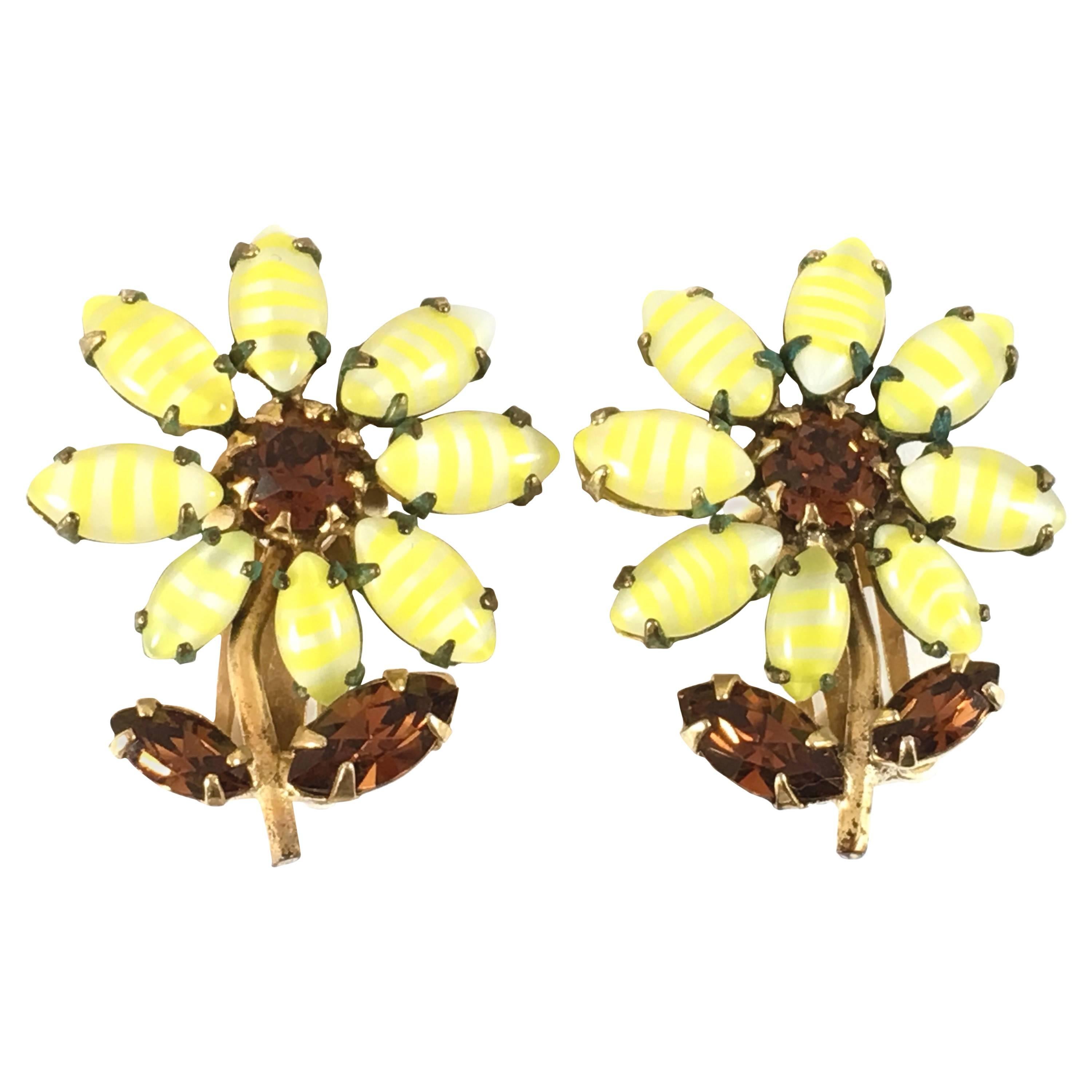 1960s Unsigned Schreiner Yellow Glass Flower Earrings
