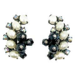 Vintage Schiaparelli Crystal & Pearl Arc Climber Earrings 1950s