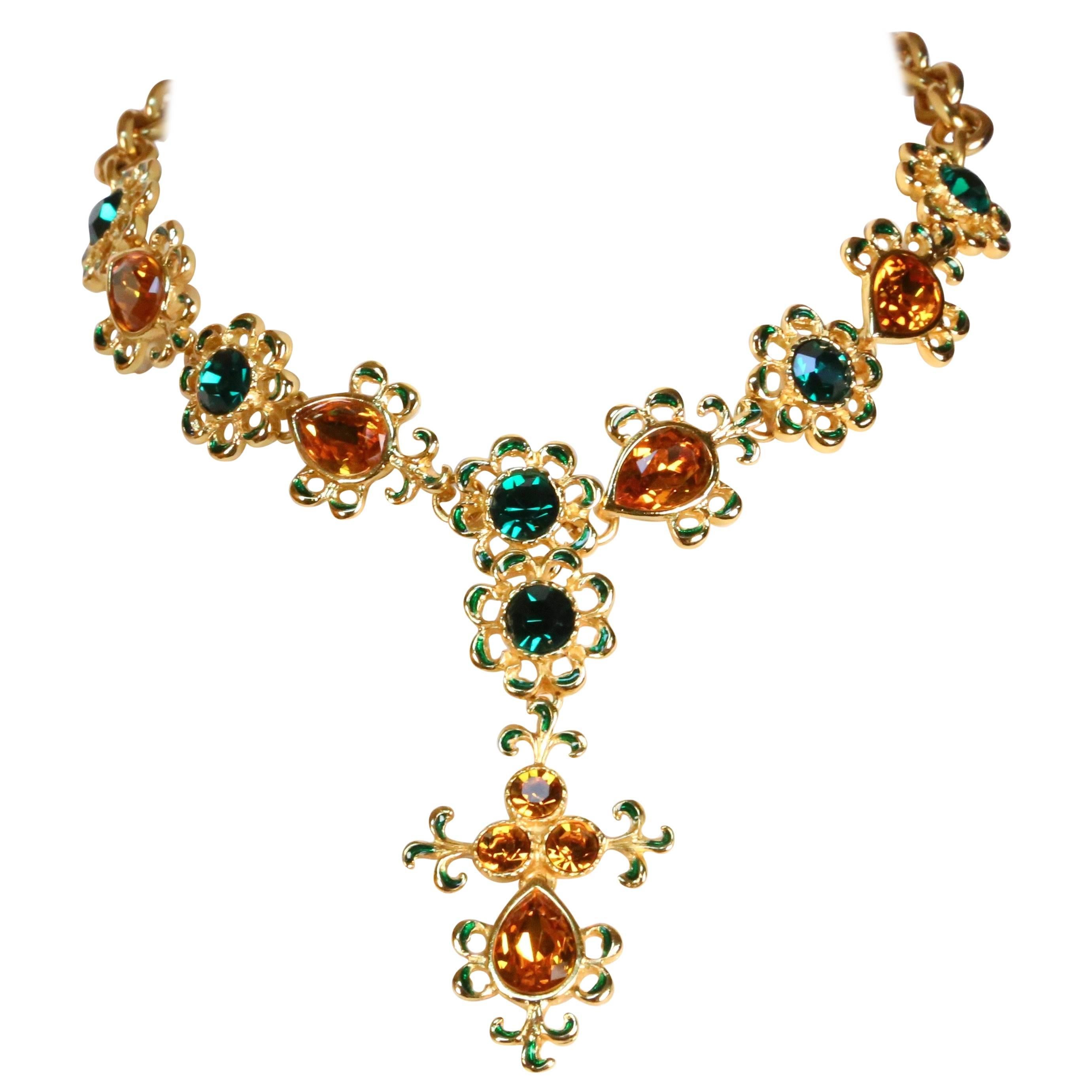  Yves Saint Laurent faceted glass and enameled gilt necklace with drop, 1990s