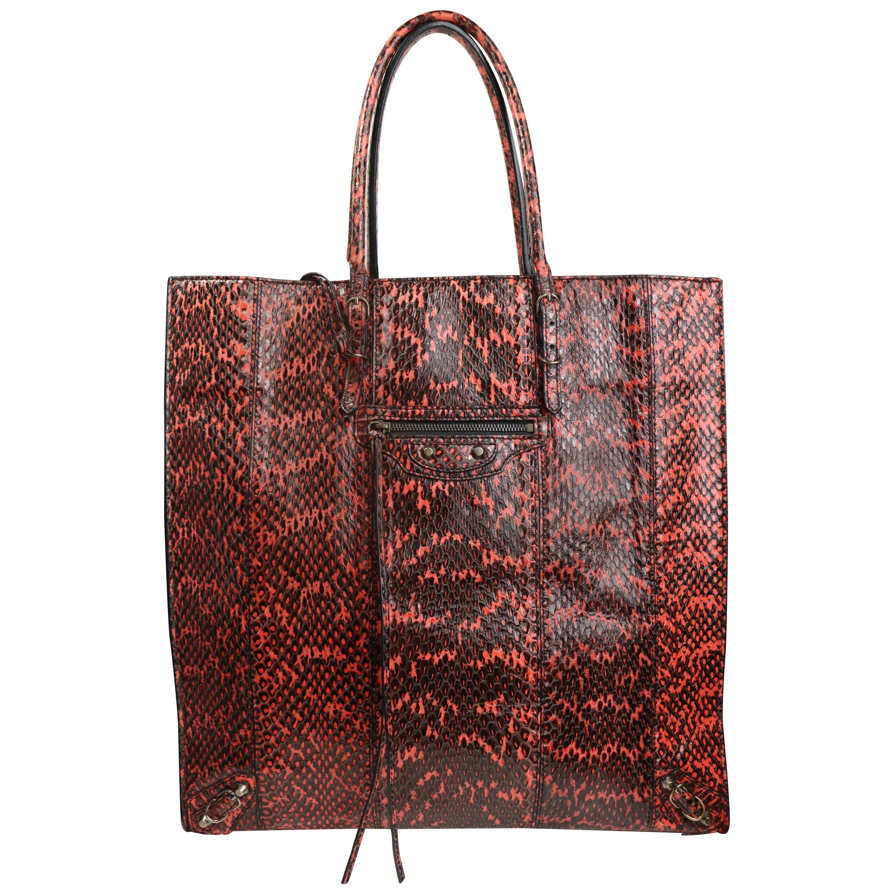 Balenciaga Python Leather Faded black and Coral Paper Tote Bag