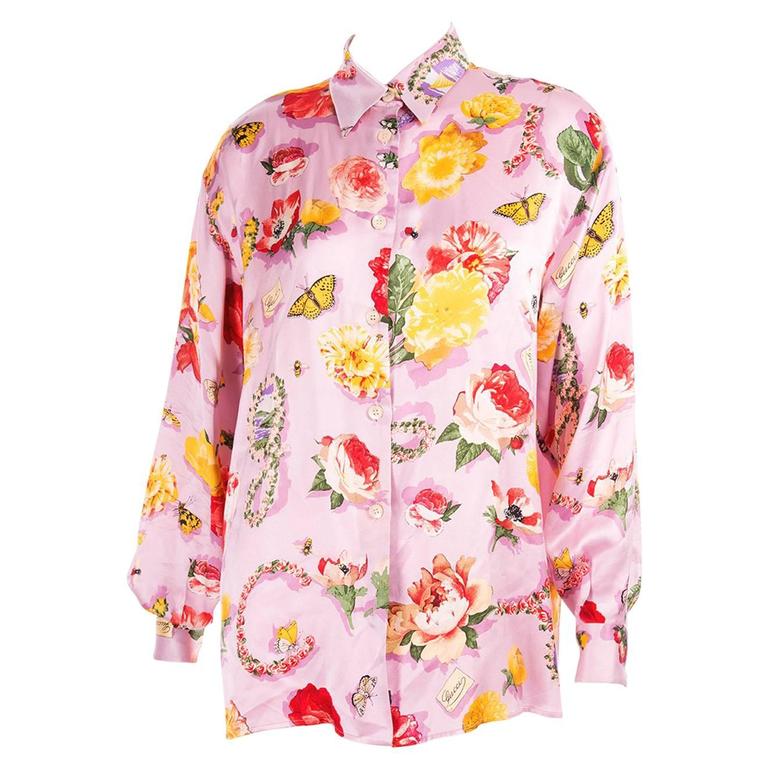 Gucci Silk Butterfly and Flower Print Shirt at 1stDibs