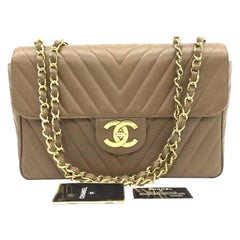Chanel Vintage Classic Maxi Single Flap Taupe Brown Caviar Chevron Stitch 24 Gol