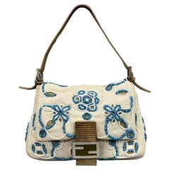 Fendi Mamma Baguette Needlepoint White Canvas and Blue and White Stones Embroide