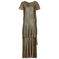 Antique 1920s Best and Co Green Lame Tiered Deco Print Dress