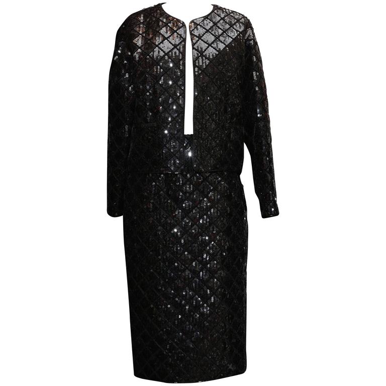 Early 1990s Chanel Black Sequins Skirt Suit For Sale at 1stDibs