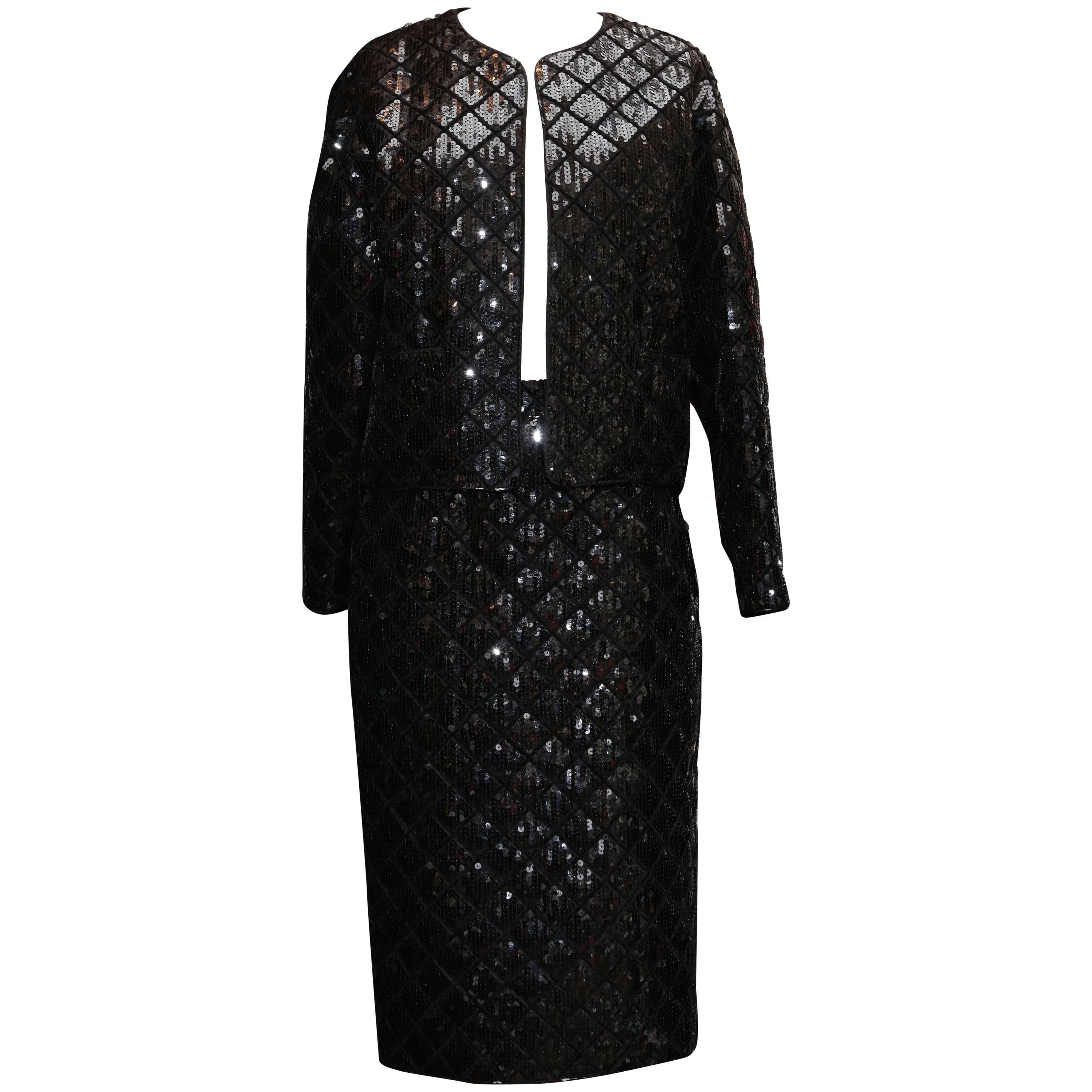Early 1990s Chanel Black Sequins Skirt Suit For Sale