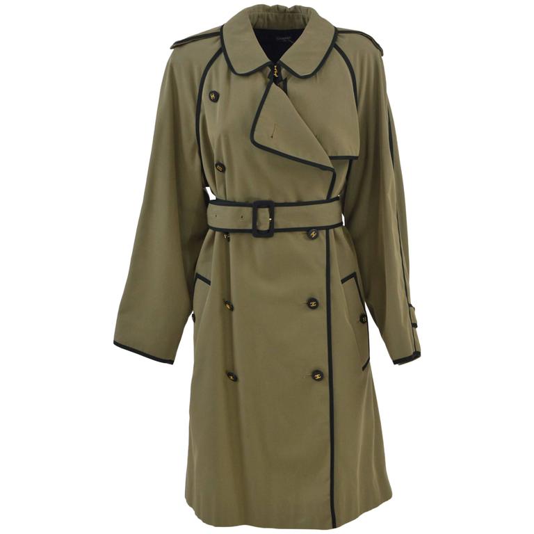 1990s Chanel Khaki Green Trench Coat For Sale at 1stDibs