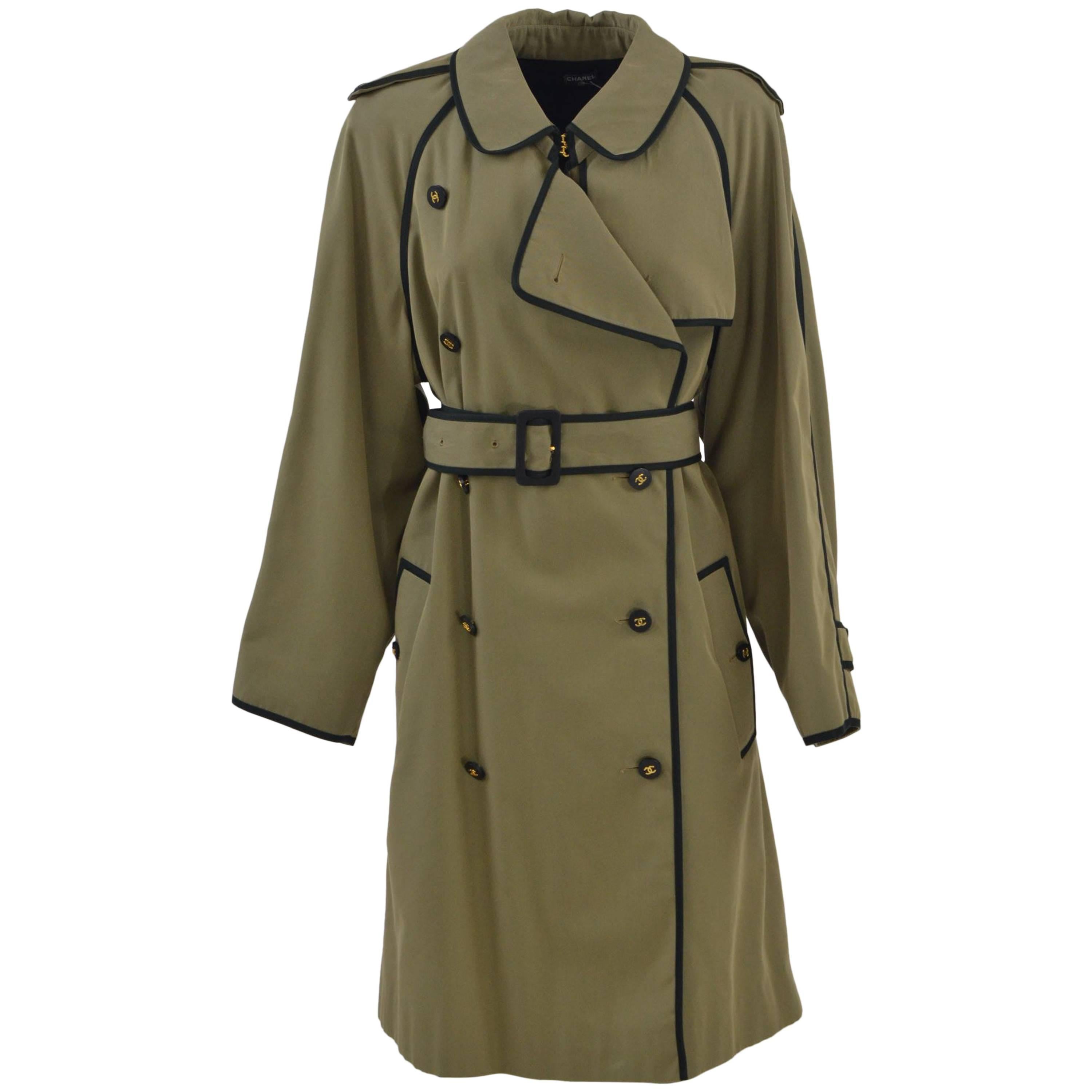 1990s Chanel Khaki Green Trench Coat For Sale