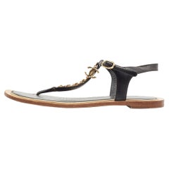 Chanel Black Leather CC Chain Link Thong Flat Sandals Size 39.5