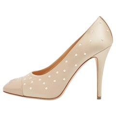 Chanel Beige Satin Pearl Embellished CC Cap Toe Pumps Size 40