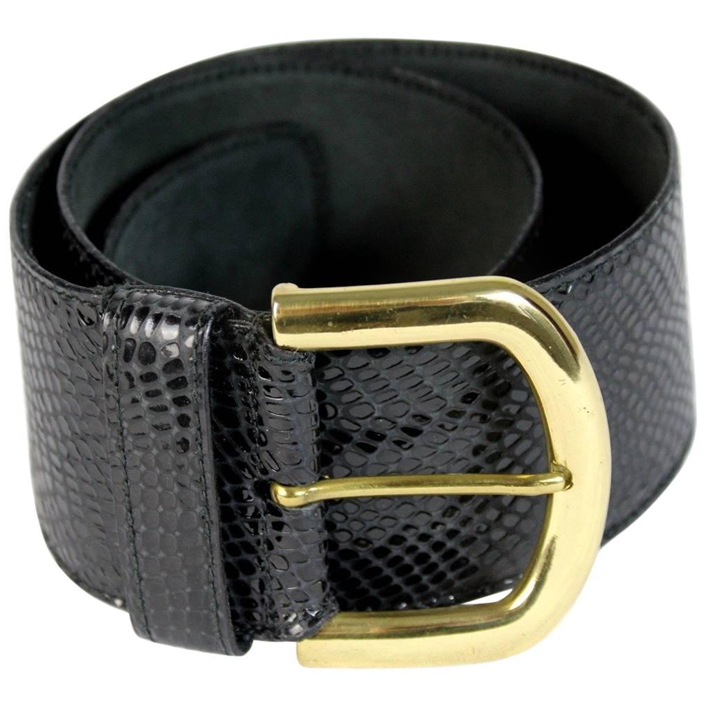 1980s Gianfranco Ferrè Black Snackeskin Belt Golden Buckle For Sale