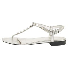 Balenciaga Silver Leather Slingback Flat Sandals Size 39
