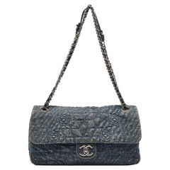 Chanel Blue Quilted Denim CC Camelia Embroidered Flap Bag