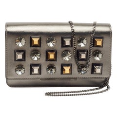 Fendi Metallic Dark Grey Leather Crystal Stud Tube Wallet On Chain