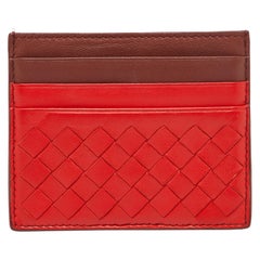 Bottega Veneta Orange/Burgundy Intrecciato Leather Card Holder