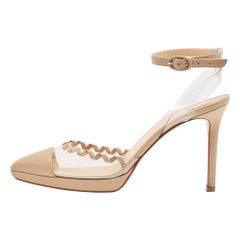 Christian Louboutin Beige Leather and PVC Platform Ankle Strap Pumps Size 38