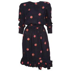 1980's Stanley Platos Black Silk Jacquard Dress With Balloon Hem 8