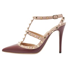 Valentino Pflaumenfarbene/Staubrosa Leder-Pumps mit Nieten und Knöchelriemen Größe 40