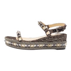Christian Louboutin Black/Gold Glitter Fabric Pyraclou Platform Sandals Size 38