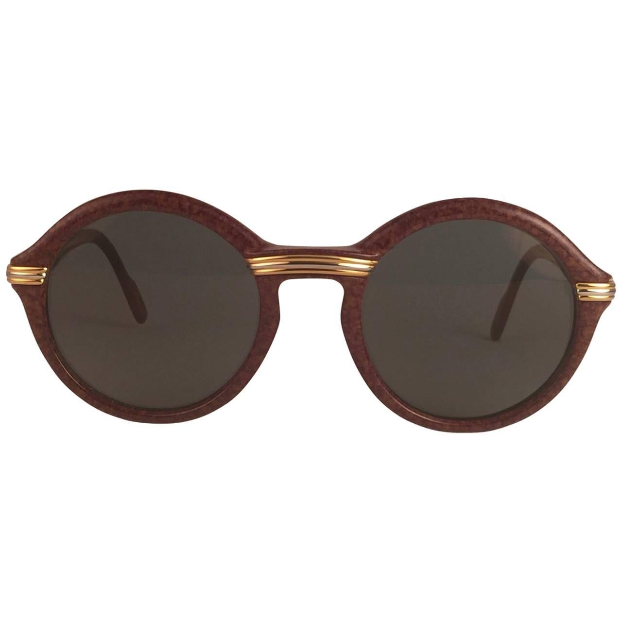 New Cartier Cabriolet Round Brown 49MM 18K Gold Sunglasses France 1990's