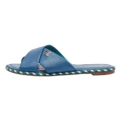 Chanel Navy Blue Leather Flat Sandals Size 42