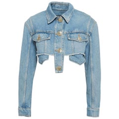 Balmain Blue Distressed Denim Raw Edge Crop Jacket S