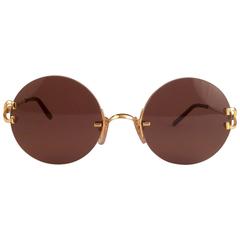 Vintage New Cartier Madison Round Rimless Gold 49mm Brown Lens France Sunglasses