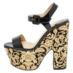 Christian Louboutin Black/Gold Patent Leather Bella Tige Floral Platform Sandals Size 36