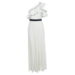 Self-Portrait White Crepe One-Shoulder Pleated Maxi Dress S
