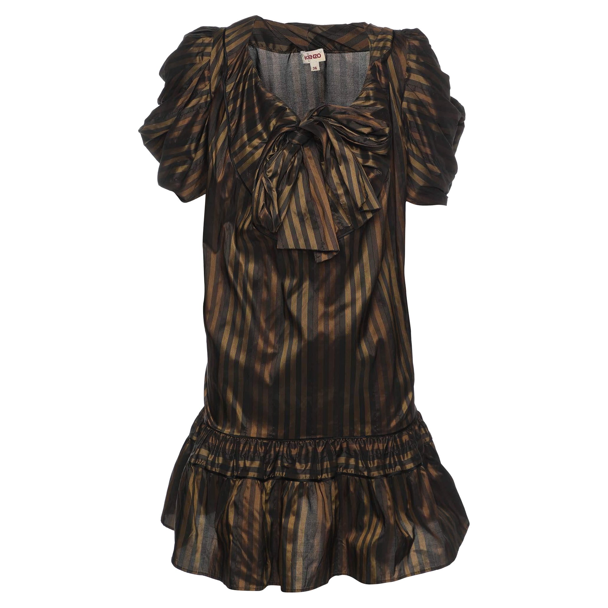 Kenzo Brown Striped Silk Blend Bow Detail Ruffled Blouse S For Sale