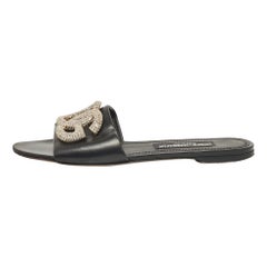 Used Dolce & Gabbana Black Leather DG Crystal Embellished Flat Slides Size 40